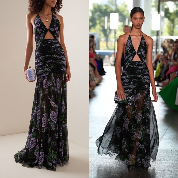 Carolina Herrera Floral Silk Chiffon Cutout Halter Maxi Gown Black Multi 4 NWT - Picture 8 of 10